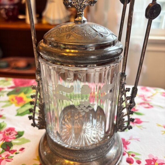 E.G. Webster Antique Triple Plate Victorian Etched Pickle Castor Jar with Tongs - Picture 5 of 15